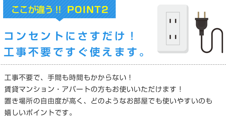 ここが違う！！POINT2　コンセントにさすだけ！工事不要ですぐ使えます