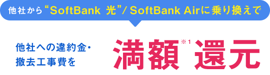 他社から“SoftBank 光” / SoftBank Airに乗り換えで 他社への違約金・撤去工事費を 満額※１還元