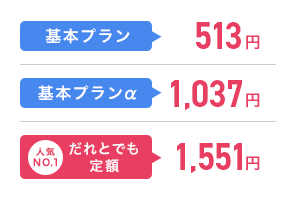 基本プラン513円 基本プランα1,037円 人気No.1だれとでも定額1,551円