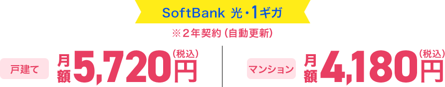 SoftBank 光・1ギガ ※2年契約(自動更新) 戸建て月額5,720円(税込) マンション月額4,180円(税込)