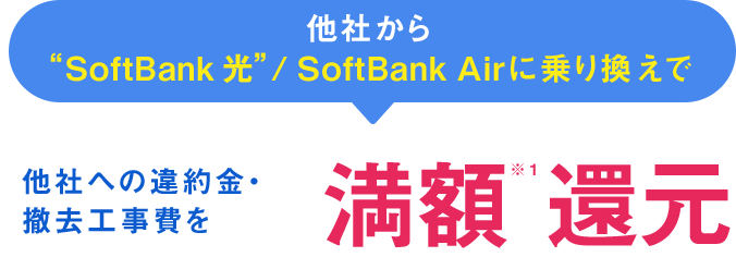 他社から“SoftBank 光” / SoftBank Airに乗り換えで 他社への違約金・撤去工事費を 満額※１還元