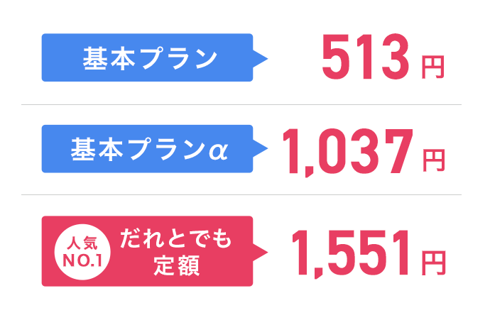 基本プラン513円 基本プランα1,037円 人気No.1だれとでも定額1,551円