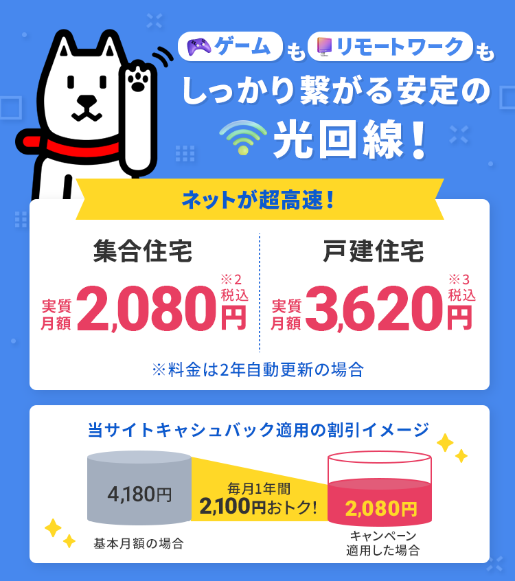 ゲームもリモートワークもしっかり繋がる安定の光回線！