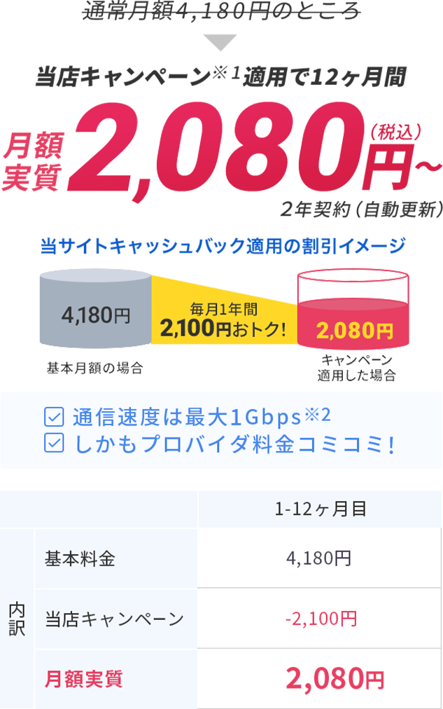月額実質2,080(税込)円～