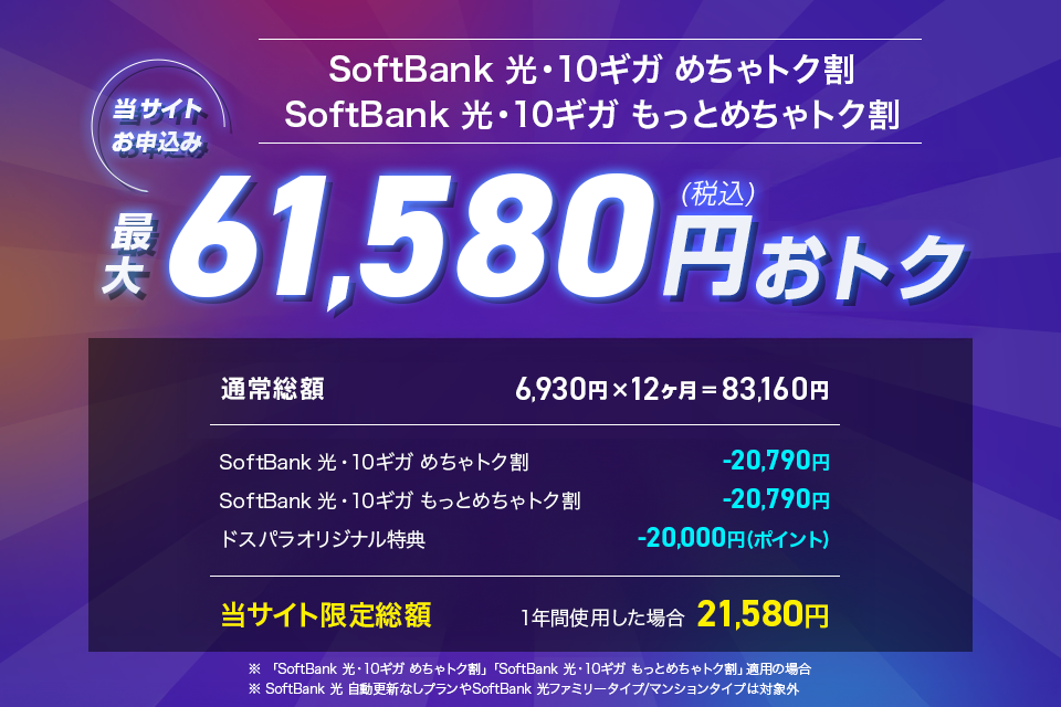 当サイトお申込み SoftBank 光・10ギガめちゃトク割 SoftBank 光・10ギガもっとめちゃトク割 最大61,580円(税込)おトク