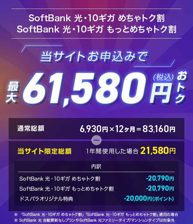 SoftBank 光・10ギガめちゃトク割 SoftBank 光・10ギガもっとめちゃトク割 当サイトお申込みで最大61,580円(税込)おトク